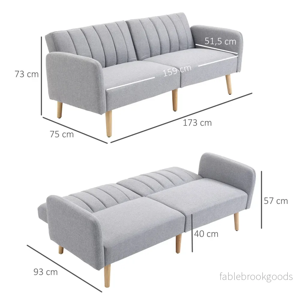 Grå 2-sits bäddsoffa, ställbart ryggstöd, träben - Bild 3