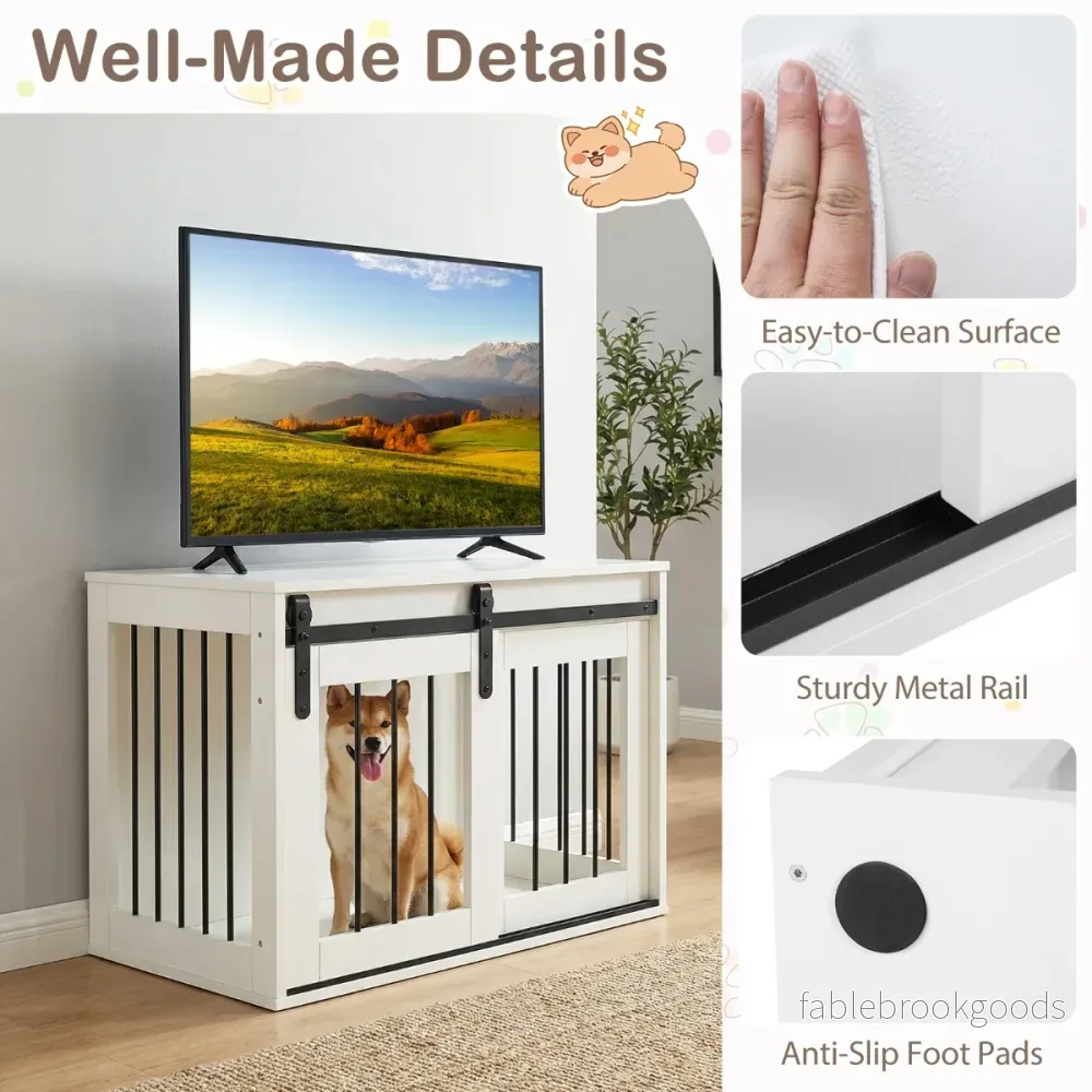Tung – hundbox med skjeddörr i ladustil, hundbur som möbel och sidobord – 80 cm – Vit - Bild 3