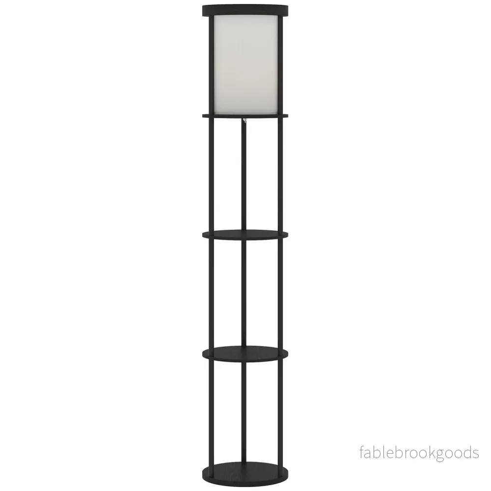Golvlampa med hyllor, fjärrkontroll, justerbar belysning, svart