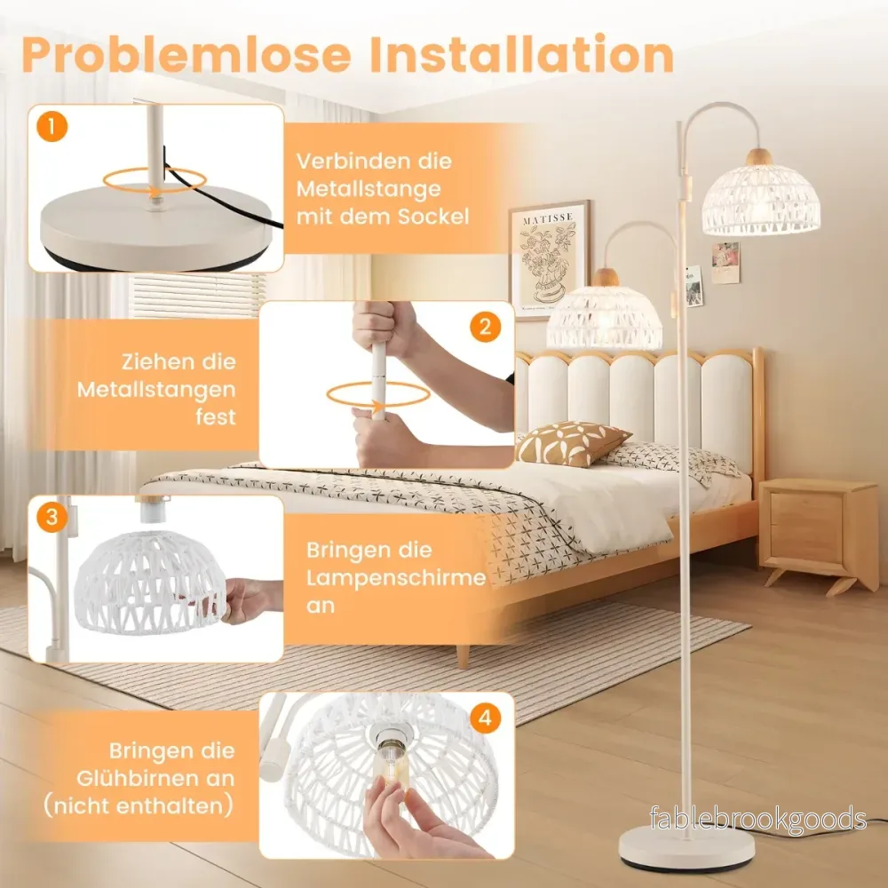 Golvlampa – med lampor och fotkontakt 350° roterande trädlampa vävda lampskärmar – 2 – Vit - Bild 2