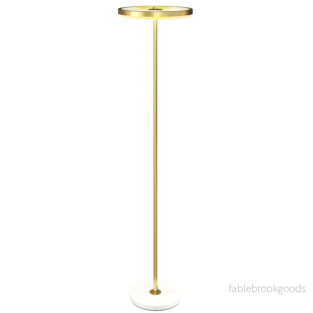 Golvlampa, fotkontakt, metallstruktur, skärm i akryl, 4000K, dimbar, guldfärgad