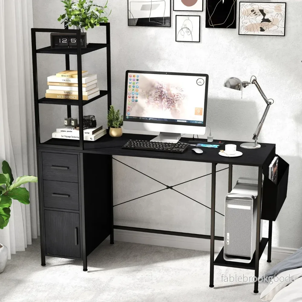 Skrivbord – med laddstation och LED belysning Datorbord Gaming – Svart - Bild 3