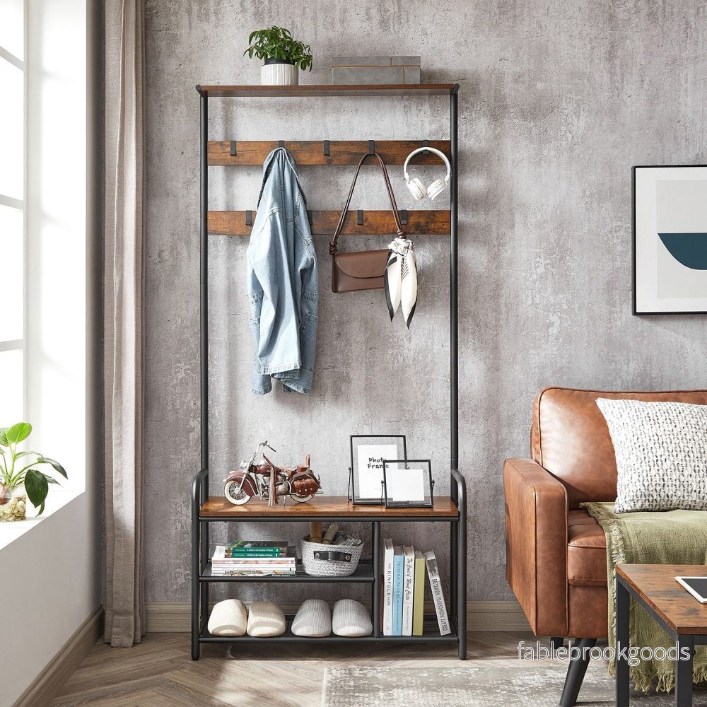 Klädhängare med bänk – vintage brun-svart - Bild 3