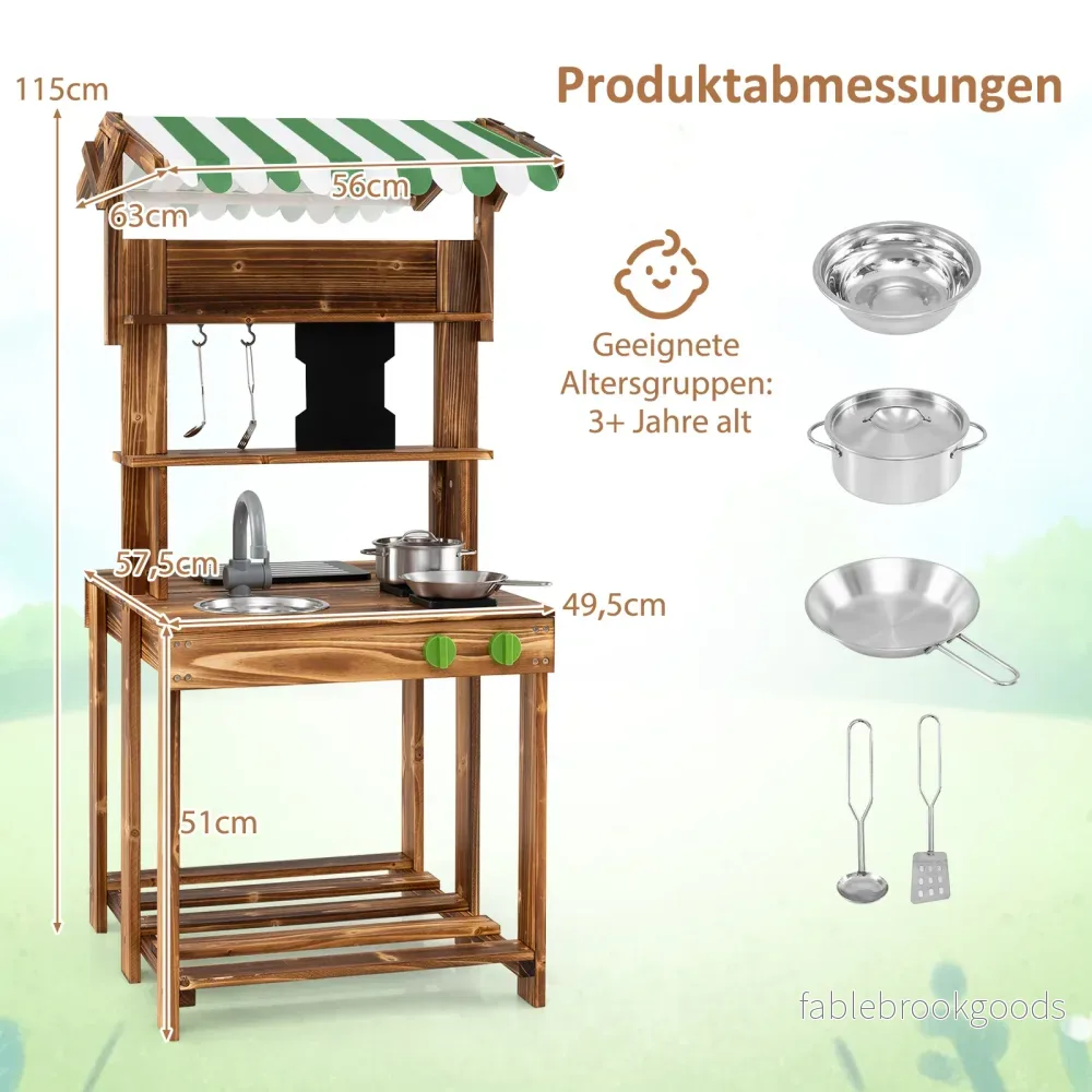 Barnens – lekstuga med tak och skoltavla diskho kran Dubbel sidig leksakskök – Brun - Bild 2