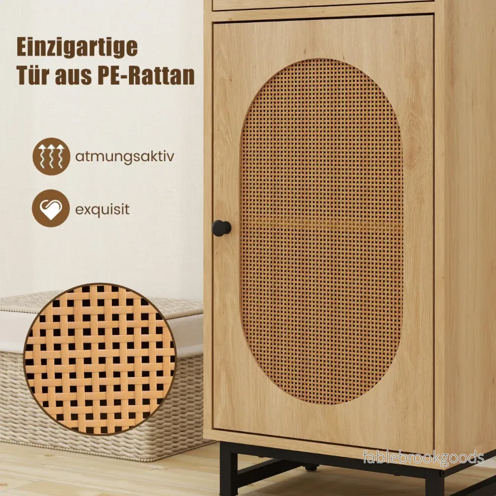 Sängbord – i rotting med dörr och låda Boho sidobord justerbar hylla – 40 x 30 x 91 cm – Natur - Bild 2