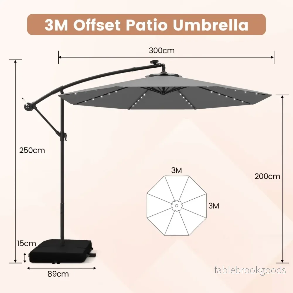 Fribärande – parasoll med solar LED lampor och sandsäckar vev UV skydd – 40 Ø 300 cm – Grå - Bild 2