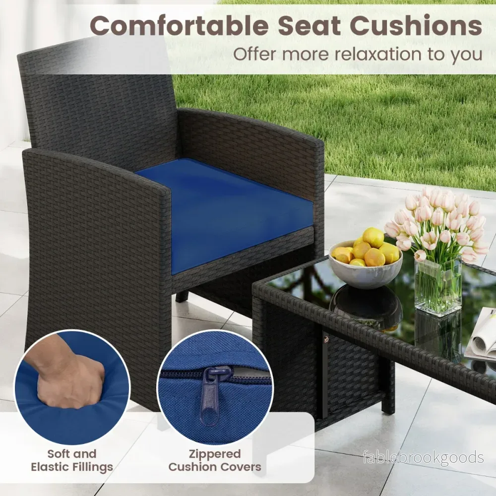 Rattan – trädgårdsmöbel set med stolar och bänk bord kuddar utomhuslounge – 2 – Blå - Bild 3