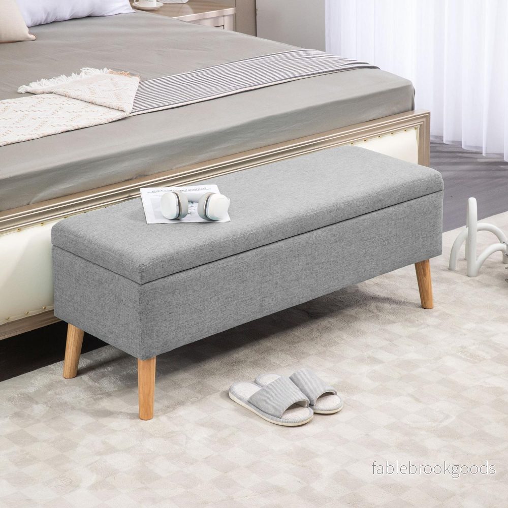 Klädd förvaringsbänk – Grå linnelook, 110x39x45 cm - Bild 2