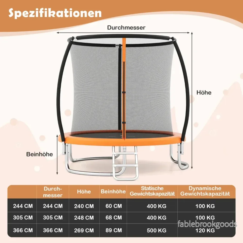 Utomhustrampolin – med stege Trädgårdstrampolin, rund, säkerhetsnät, kantskydd och metallram, – Ø 366 cm – Orange - Bild 2