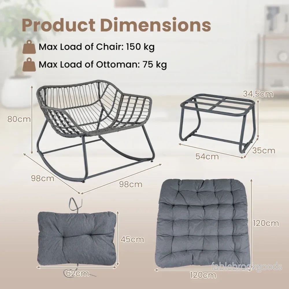 Schaukelstuhl – med Pall Gungfåtölj PE Rattan och Metallram ergonomisk Relaxfåtölj – Grå - Bild 2