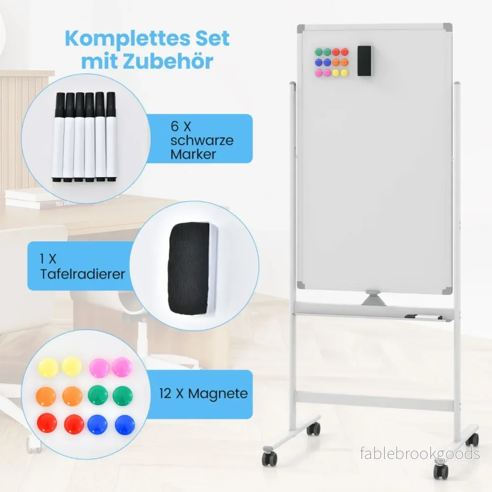 Dubbelsidig – magnetisk skrivtavla med hjul och stativ pennfack – 60 x 100 cm – Vit - Bild 3