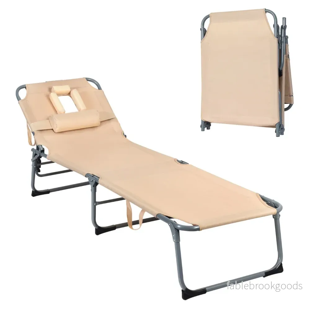 Justerbar – solstol Hopfällbar strandstol med kudde – 194 x 61 x 35,5-86,5 cm – Beige - Bild 2