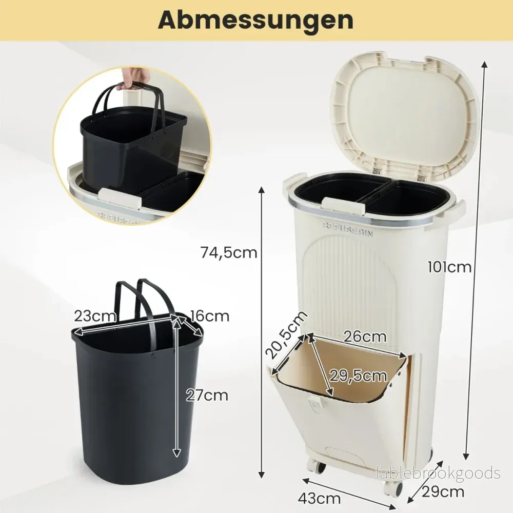 38L – kökssoptunna med lock, uttagbara behållare, fotpedal och hjul – 2 – Beige - Bild 2