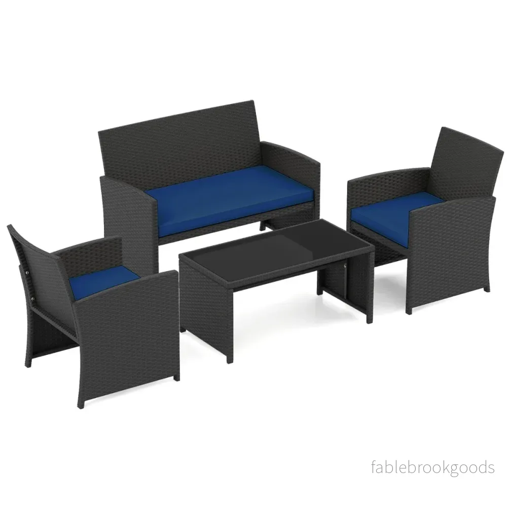 Rattan – trädgårdsmöbel set med stolar och bänk bord kuddar utomhuslounge – 2 – Blå