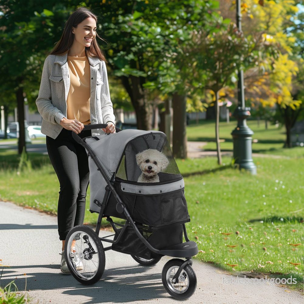 Hopfällbar hund- och kattvagn, 3-hjulig, upp till 10 kg, grå - Bild 2