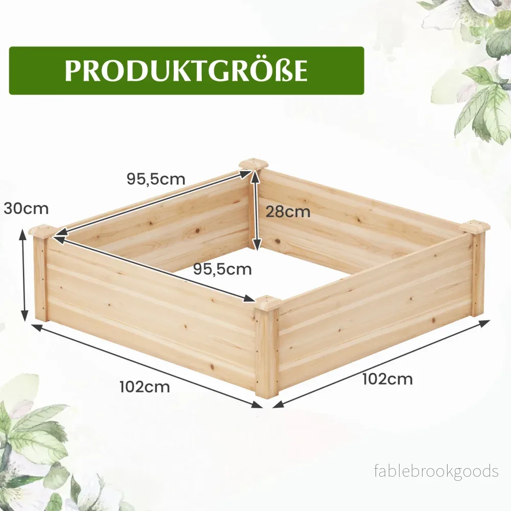 Blomlåda – Högbädd Trä Planteringslåda Fyrkantig Trädgårdsbädd med Öppen Botten Planteringsbädd för Gräsmatta Terrass – 102 x 102 x 30 cm – Natur - Bild 2