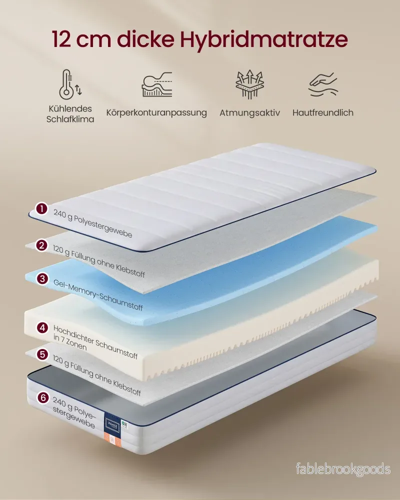 Matras - 90 x 200 cm - Gel-traagschuim - 12 cm dik - Wit - 7-zone ondersteuning - Ademend - Afneembare en machinewasbare hoes - Bild 3
