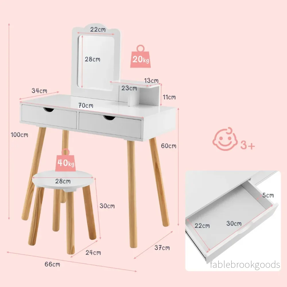 i – sminkbord för barn Skrivbord och pall med spegel – 2 1 70 x 37 x 100 cm – Vit - Bild 2