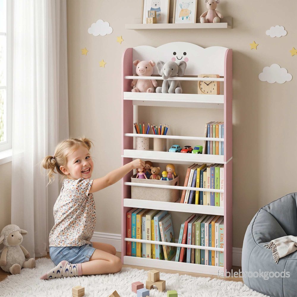 Väggmonterad barnbokhylla, 4 våningar, rosa/vit - Bild 2