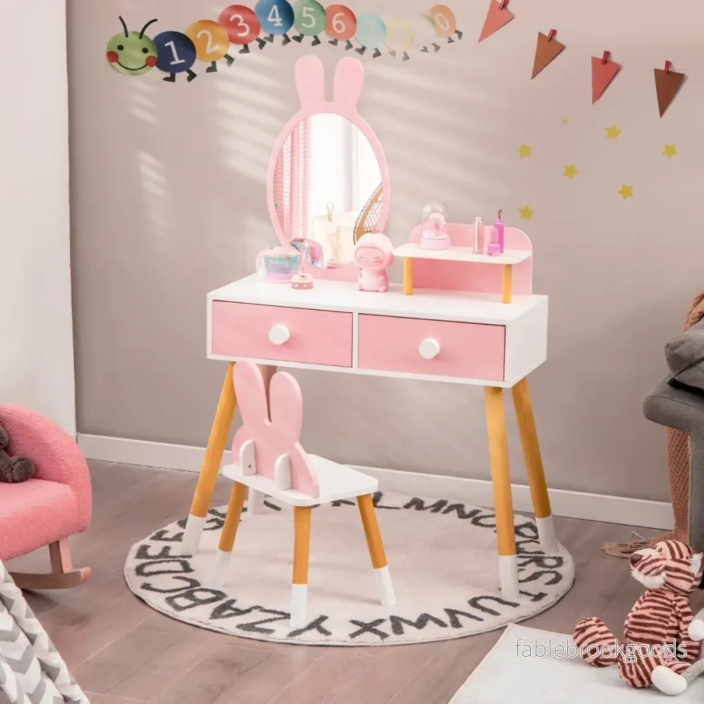i – sminkbord och stolsset för barn med spegel lådor förvaringshylla – 2 1 2 – Rosa - Bild 2