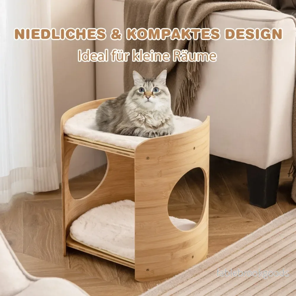 vånings – bambu kattsäng med avtagbara plyschmattor och katthål för kattsovplats – 2 2 – Beige - Bild 2