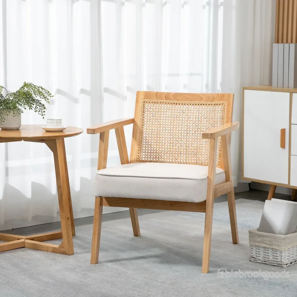 Exotisk stoppad stol, gummiträ, sittdyna i linnelook, 63L x 69W x 78H cm, krämvit - Bild 2