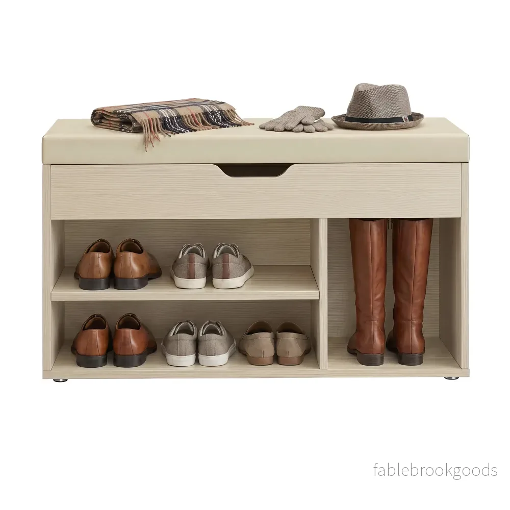 Schoenenbank - Met Zitkussen en Opbergruimte - Naturelbeige en cappuccinobeige - 30,3 x 80 x 44 cm