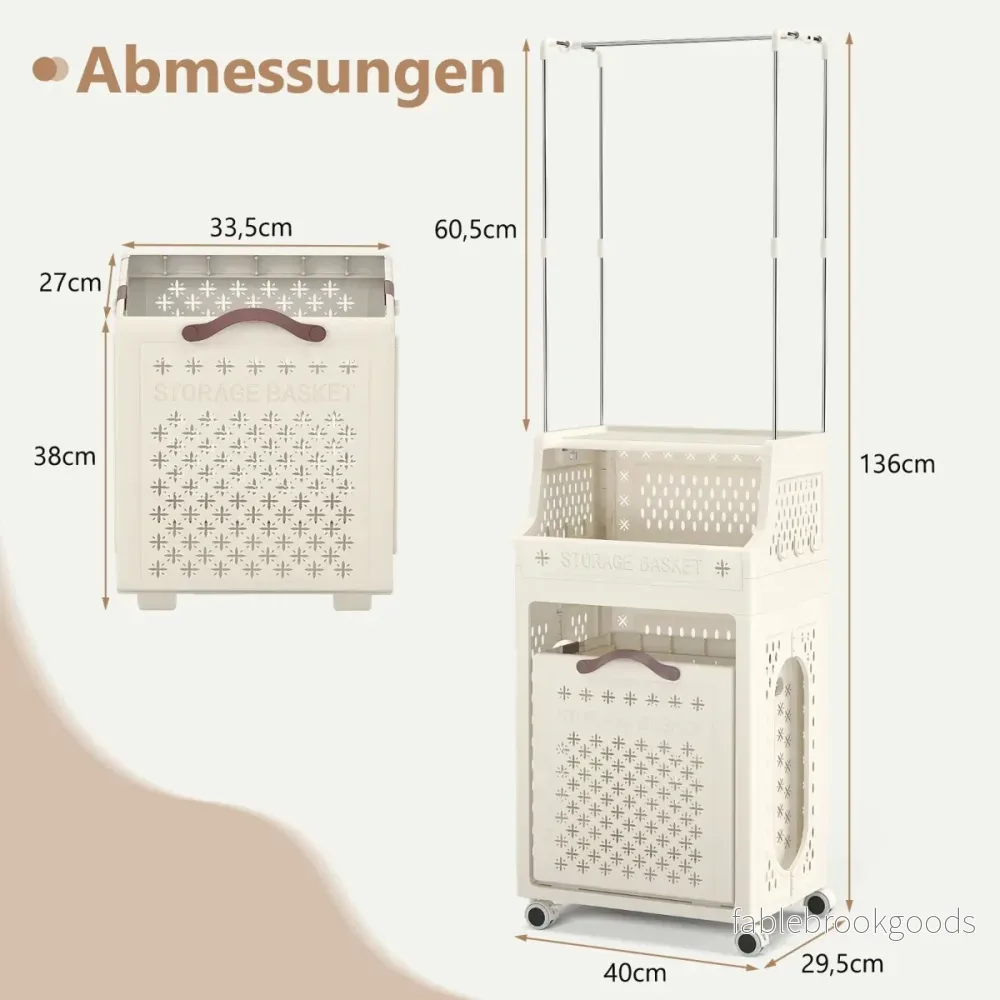 Rullbar – tvättkorg med klädhängare, flerlagers hopfällbar i plast – Beige - Bild 2