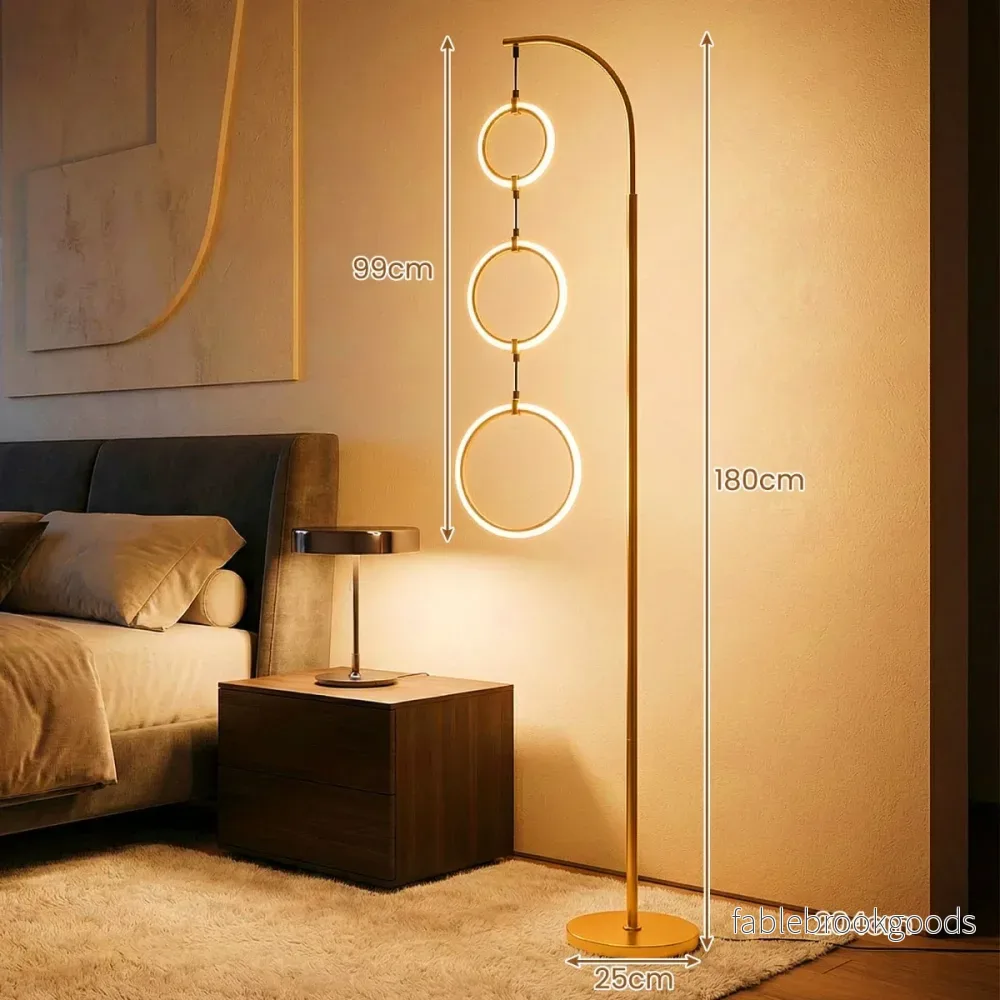 Lågig – LED Golvlampa Läslampa Med Hängande Lampringar och Fotbrytare – 3 3 – Guld - Bild 2