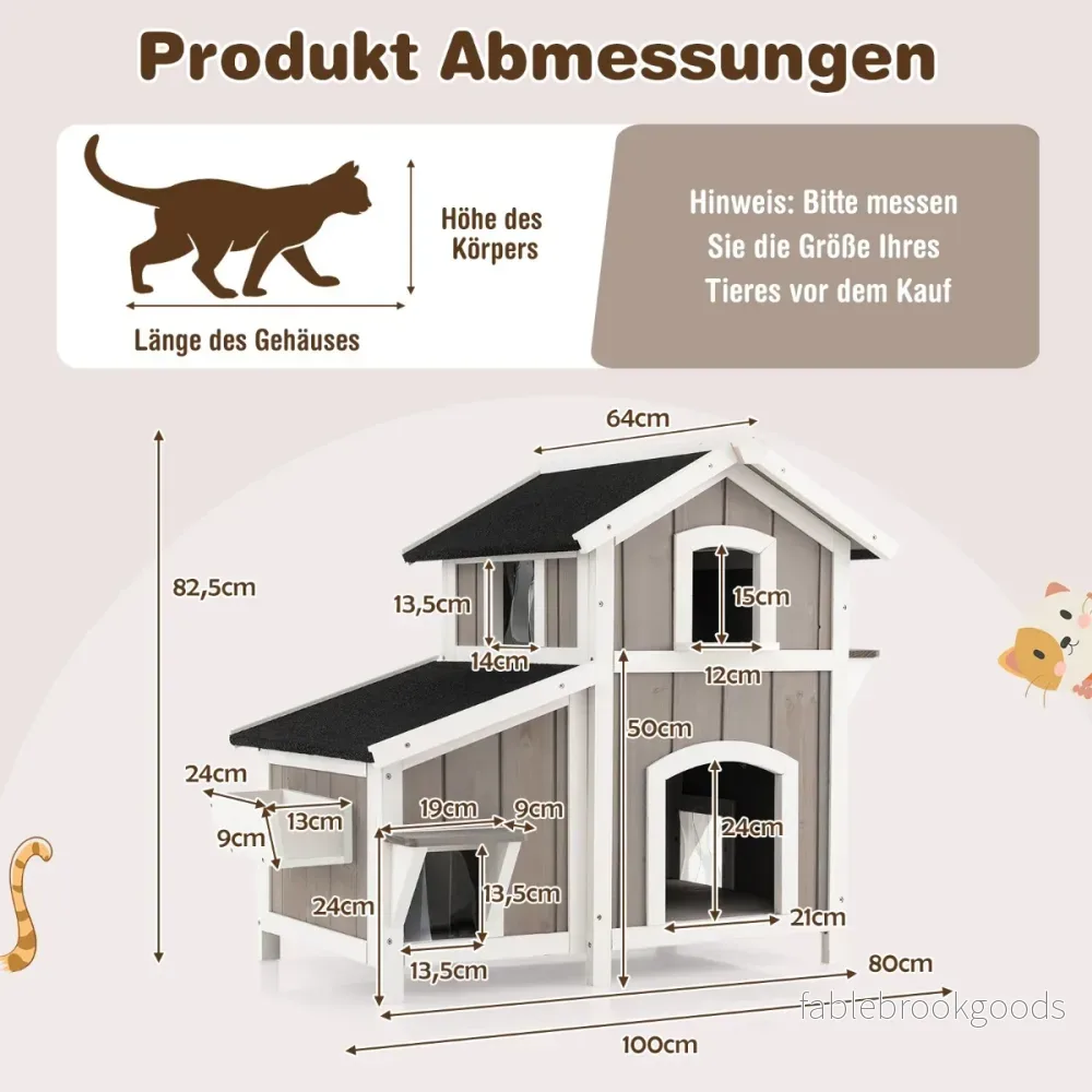 Kattenshus – Utomhus vånings kattstuga Kattvilla med asfaltstak – 2 100 x 64 x 82,5 cm – Grå - Bild 2