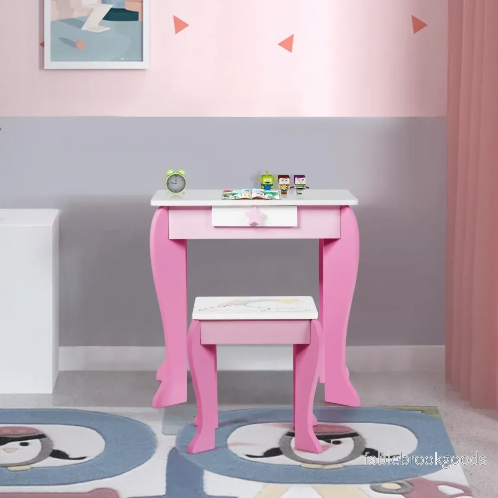 Sminkbord – i trä med pall och avtagbar spegel låda – Rosa