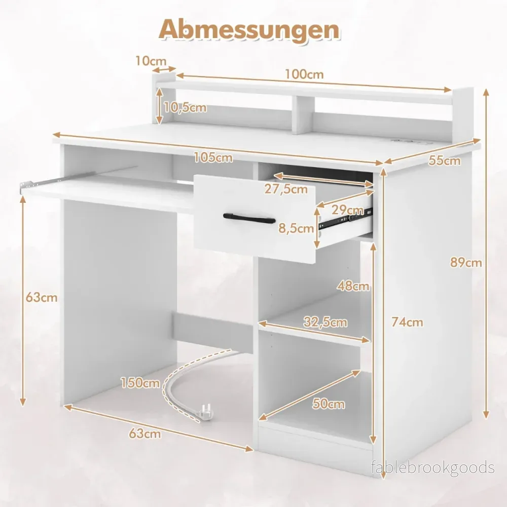 Skrivbord – med laddstation, tangentbordsutrymme, låda och justerbar hylla, – 105 x 55 x 89 cm – Vit - Bild 2