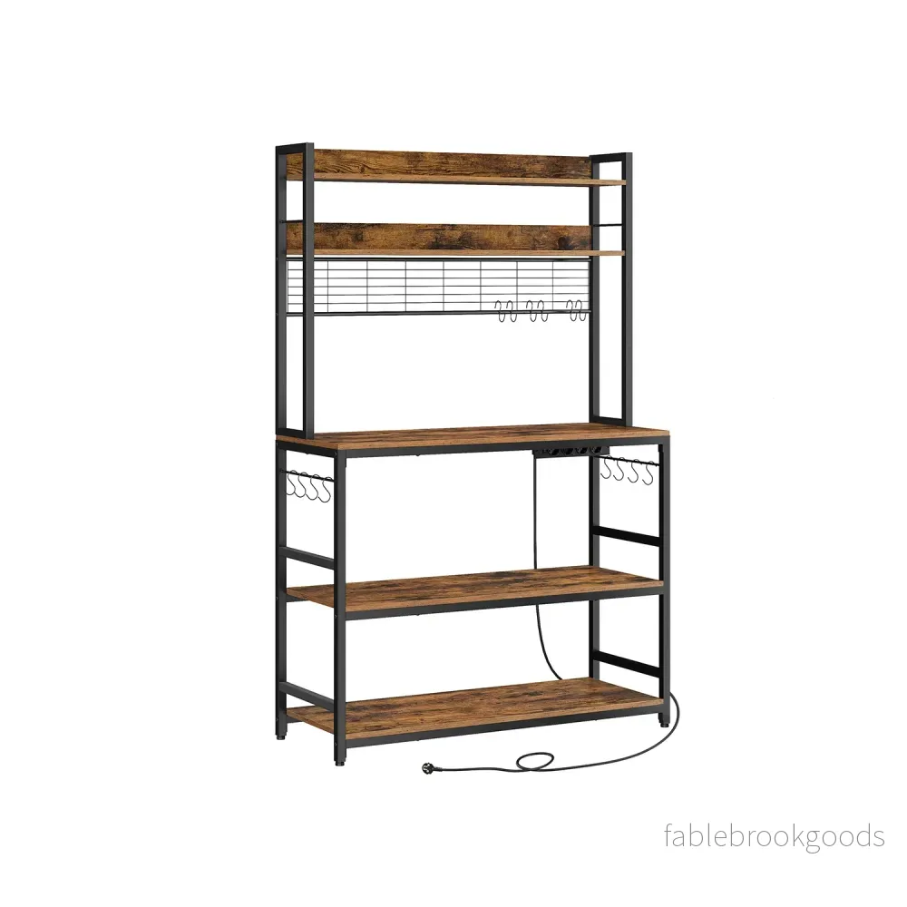 Keukenrek – Met Stopcontacten – Rasterwand – 14 Haken – Vintage Bruin-Zwart