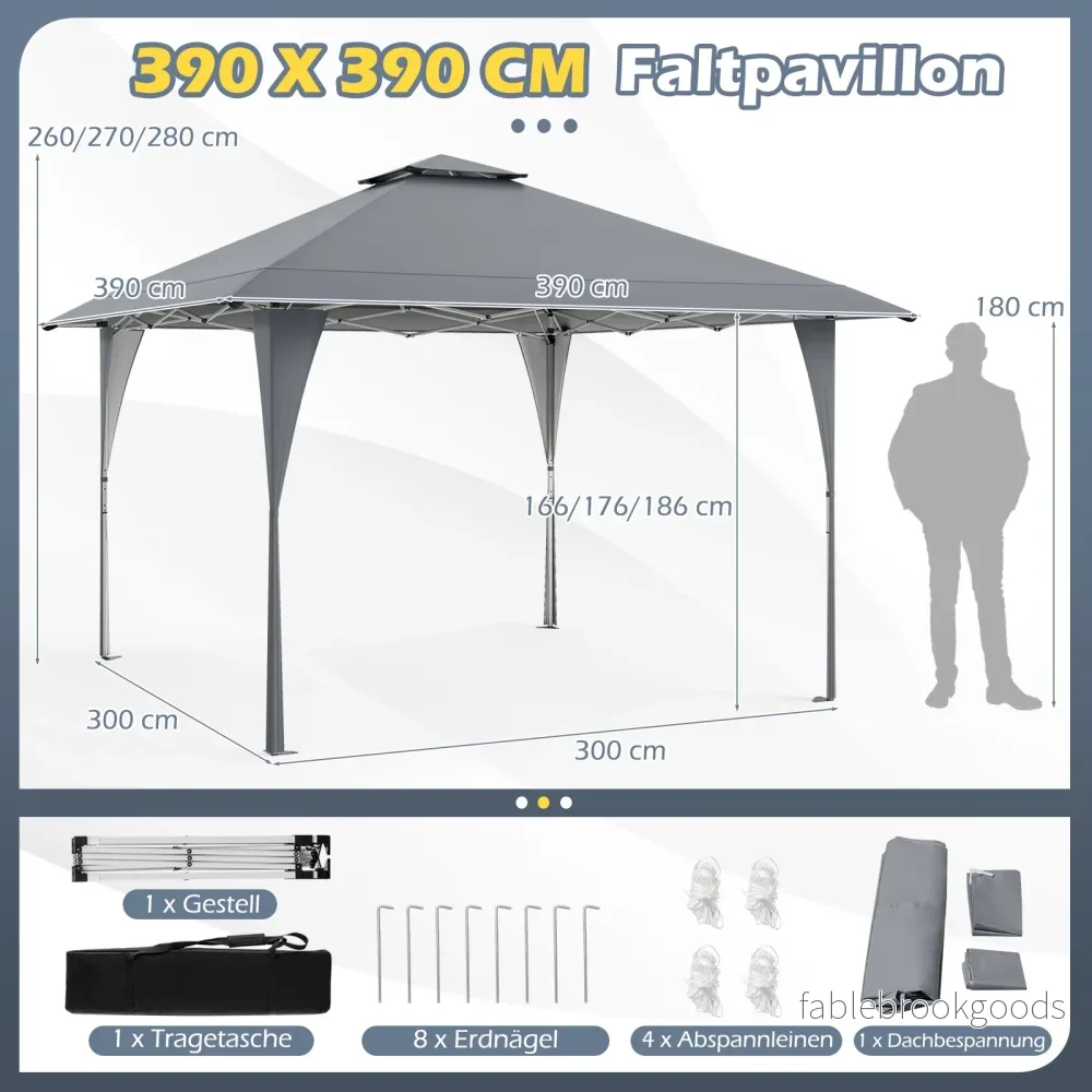 Pop – Up Paviljong Höj och sänkbart med Dubbel Tak Metallram – 4 x 4 m – Grå - Bild 2