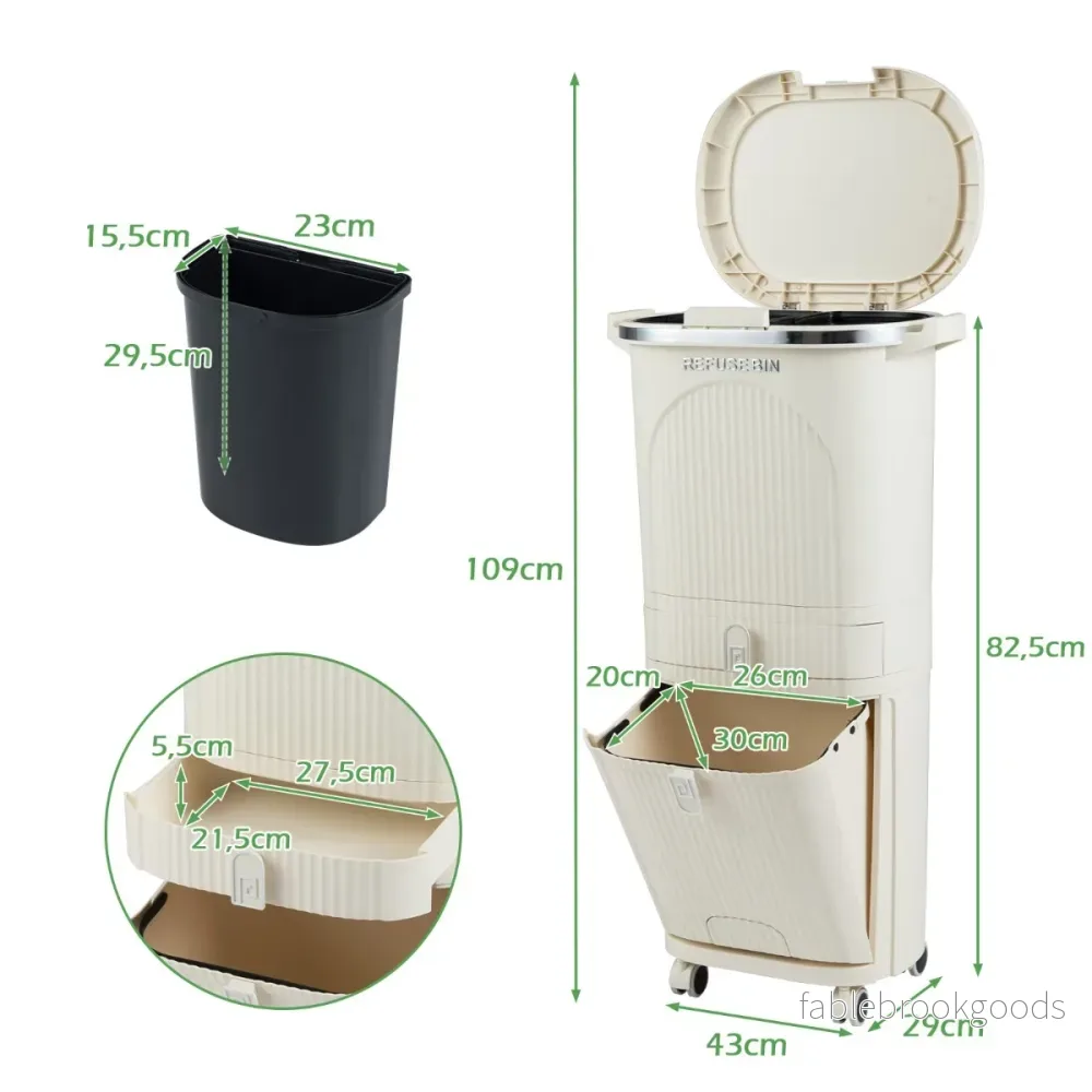 42L – Kökssoptunna med Lock och Fack Trampsoptunna Fotpedal Hjul – 3 – Beige - Bild 2