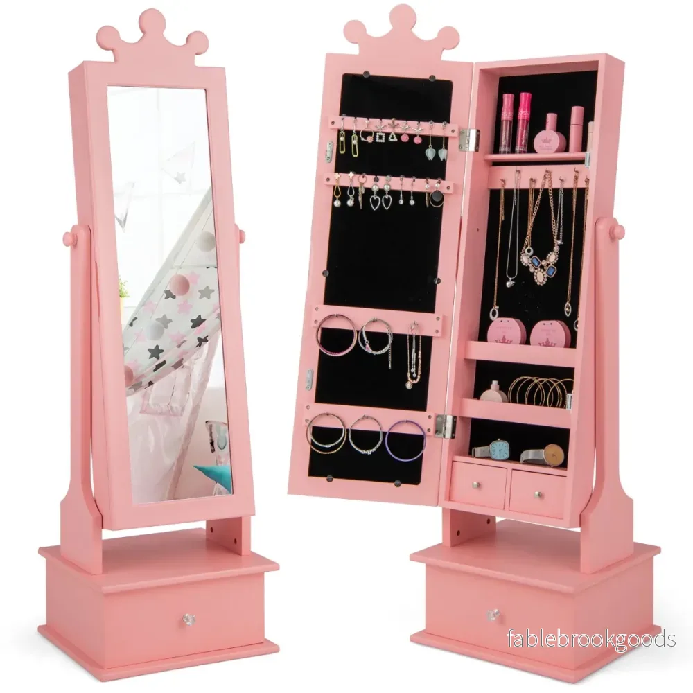 Smyckesskåp – för barn med fullängdsspegel och lutningsvinklar lådor – 2 3 – Rosa - Bild 3