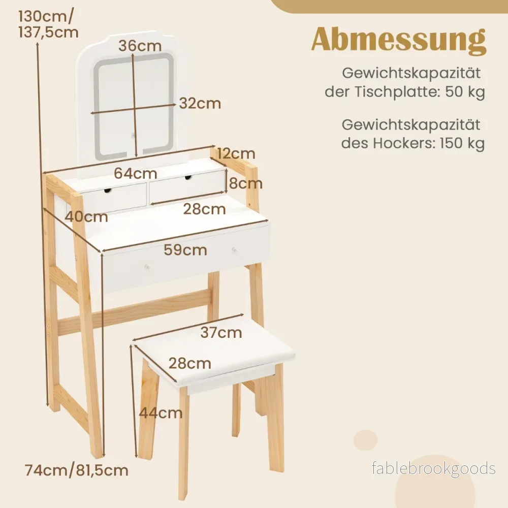 Sminkbord – i trä med pall och spegel lådor Frisörbord – 3 64 x 41 x 137 cm – Vit - Bild 2