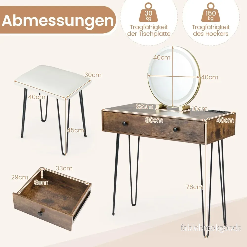 Sminkbord – med spegel, belysning, laddningsstation och pall Frisörbord Kosmetikbord Rustikt brunt – Rustik brun - Bild 2