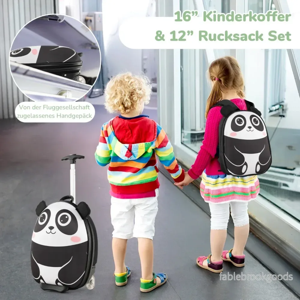 TLG barnresväska – och ryggsäck med hjul stegs teleskophandtag 12”+16” barnvagn Panda – 2 3 – Svart och vit - Bild 3
