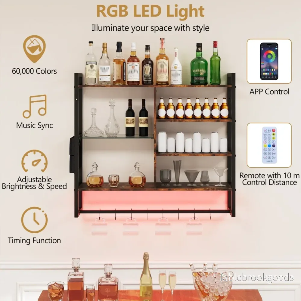 nivåers – flytande vägghylla Hängande med S krokar och sidofack RGB LED Rustikt brunt – 6 8 107 x 24 x 96 cm – Rustik brun - Bild 3