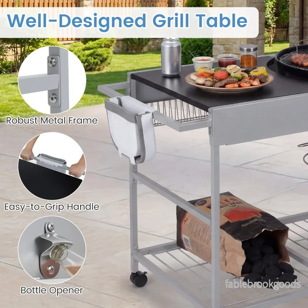 Grillvagn – med hjul, stor arbetsplatta, kryddhylla och papperskorg sidovagn grillbord – 4 – Svart - Bild 3