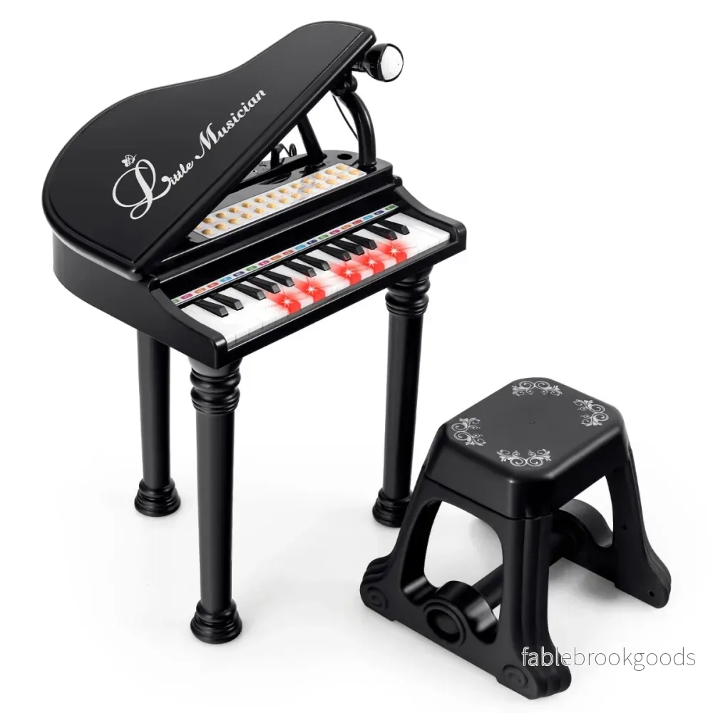 Barnpiano – med nycklar och pall Leksak Portable – 31 35 x 30 x 55 cm – Svart