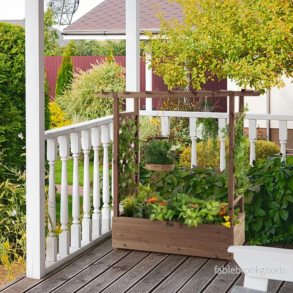 Upphöjd – säng med spaljé och hängande takplanterare Blomlåda för klätterväxter – Brun - Bild 3