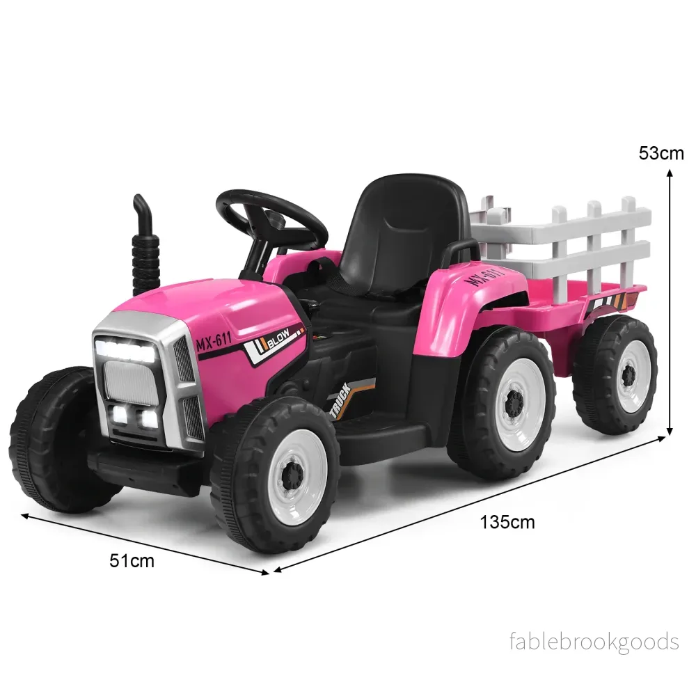 12V – barntraktor med släp Elektrisk leksaksbil – 135 x 51 x 53 cm – Rosa - Bild 2