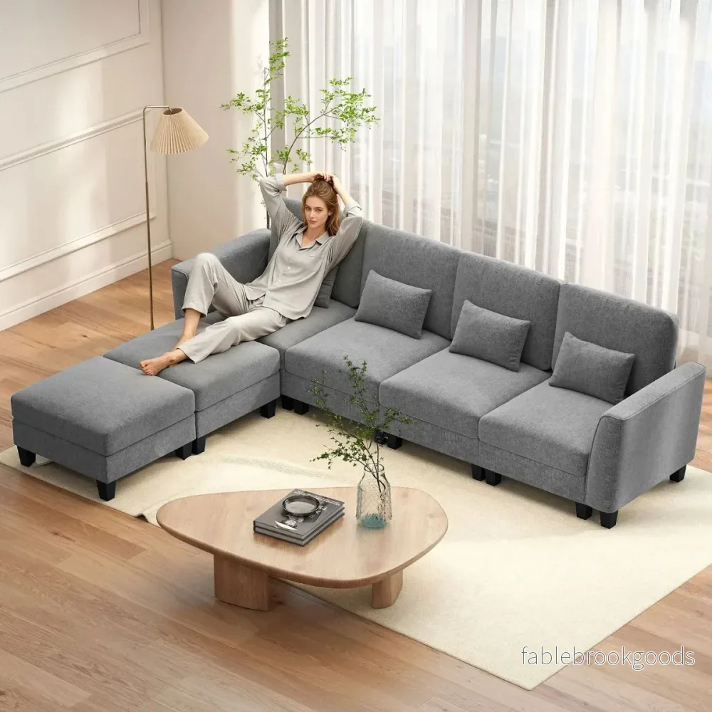 Hörnsoffa – med ottomaner U formad modulär USB och Type C laddningsportar sits soffgrupp – 2 4 280 cm – Grå - Bild 3
