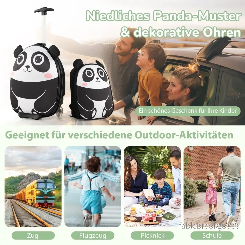 TLG barnresväska – och ryggsäck med hjul stegs teleskophandtag 12”+16” barnvagn Panda – 2 3 – Svart och vit - Bild 2