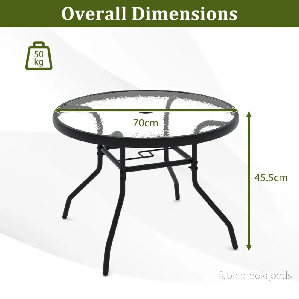 Trädgårdsbord – med parasollhål och glasplatta Utomhus sidobord Rund soffbord Balkongbord – Ø 70 cm – Svart - Bild 2