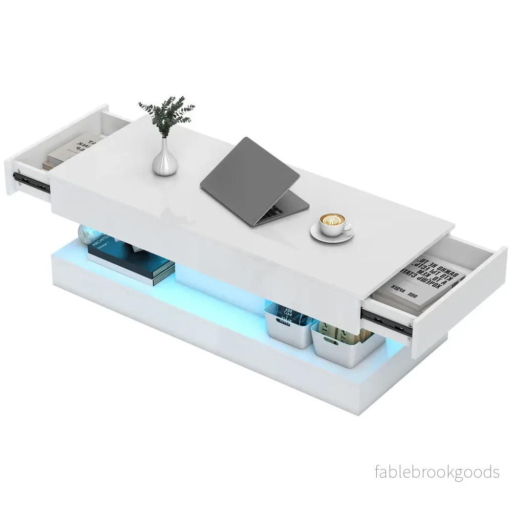 Soffbord med lådor och LED-lampor, vit MDF