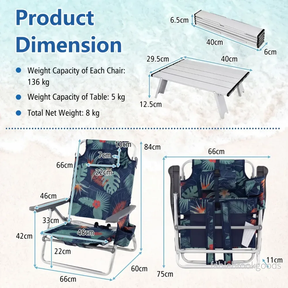 Set – Strandstolar Med Bord Vikbara Campingstolar Justerbart Ryggstöd och Gräs – 2 – Blommor - Bild 2