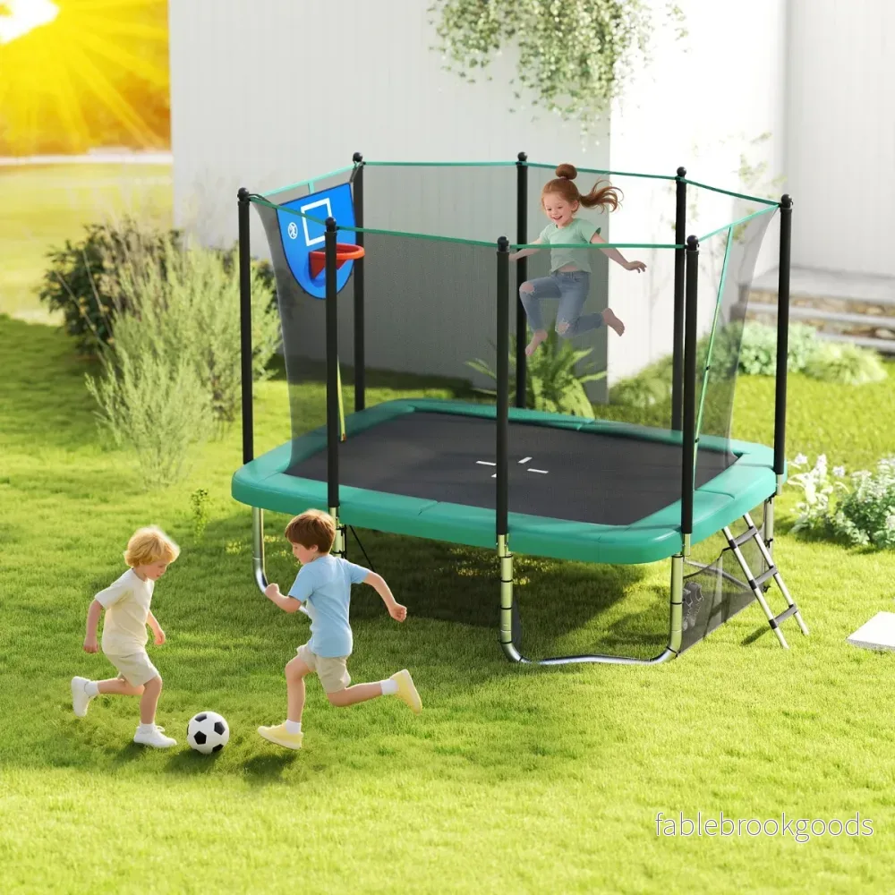 i – Rektangulärt Trampolin med Stege och Basketkorg Fotbollsmål – 3 1 – Grön - Bild 3